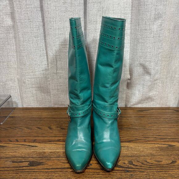 Vintage 70s Glacée Turquoise/Teal Leather Knee High Boots Boho Western Size 7N - Picture 6 of 15
